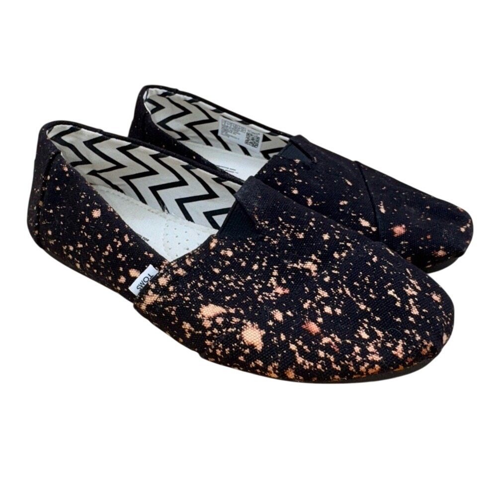 Toms Black slip-on canvas loafers with bleach splatter design, Women's 6, EUC